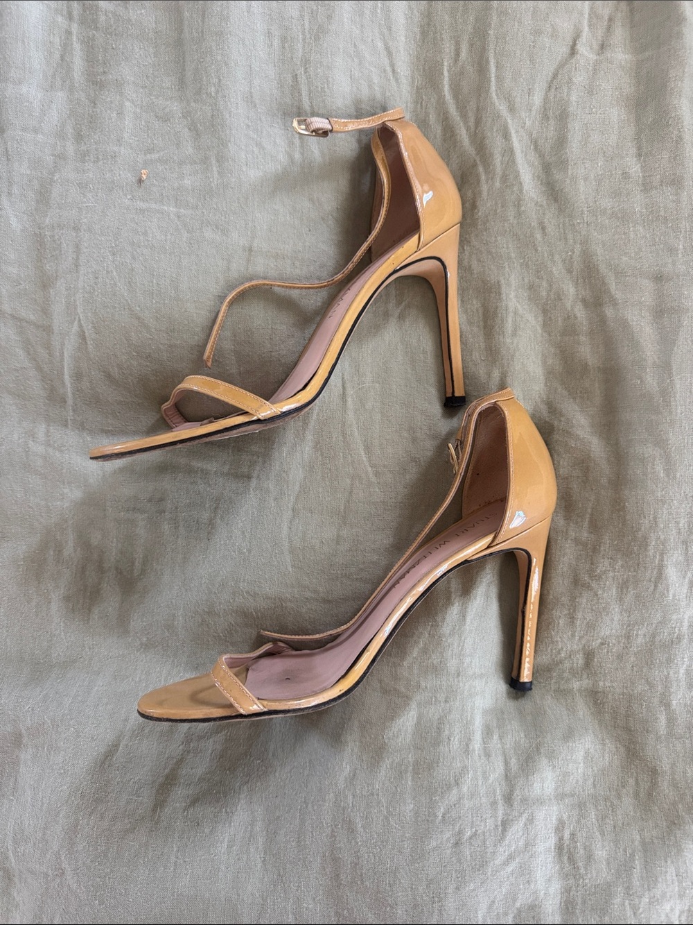 Stuart Weitzman Patent Leather Ankle-Strap Stiletto Sandals in Camel